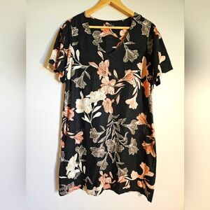Nicole Miller LG Linen Blend Dress Dark Tropical Floral Tiered Hem Cottage